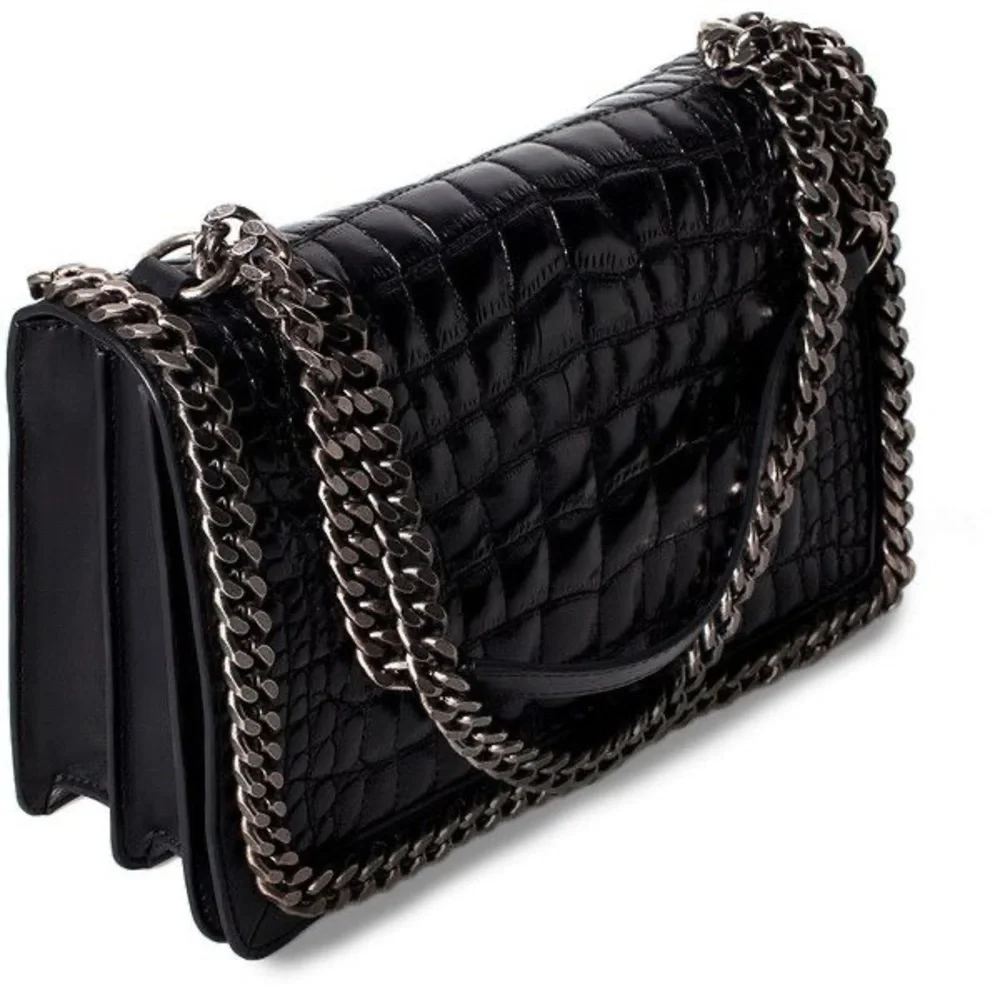 Zara Elegant Black Croc-Embossed Chain Bag